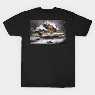 Magical Fantasy House with Lights in a Snowy Scene, Fantasy Cottagecore artwork T-Shirt